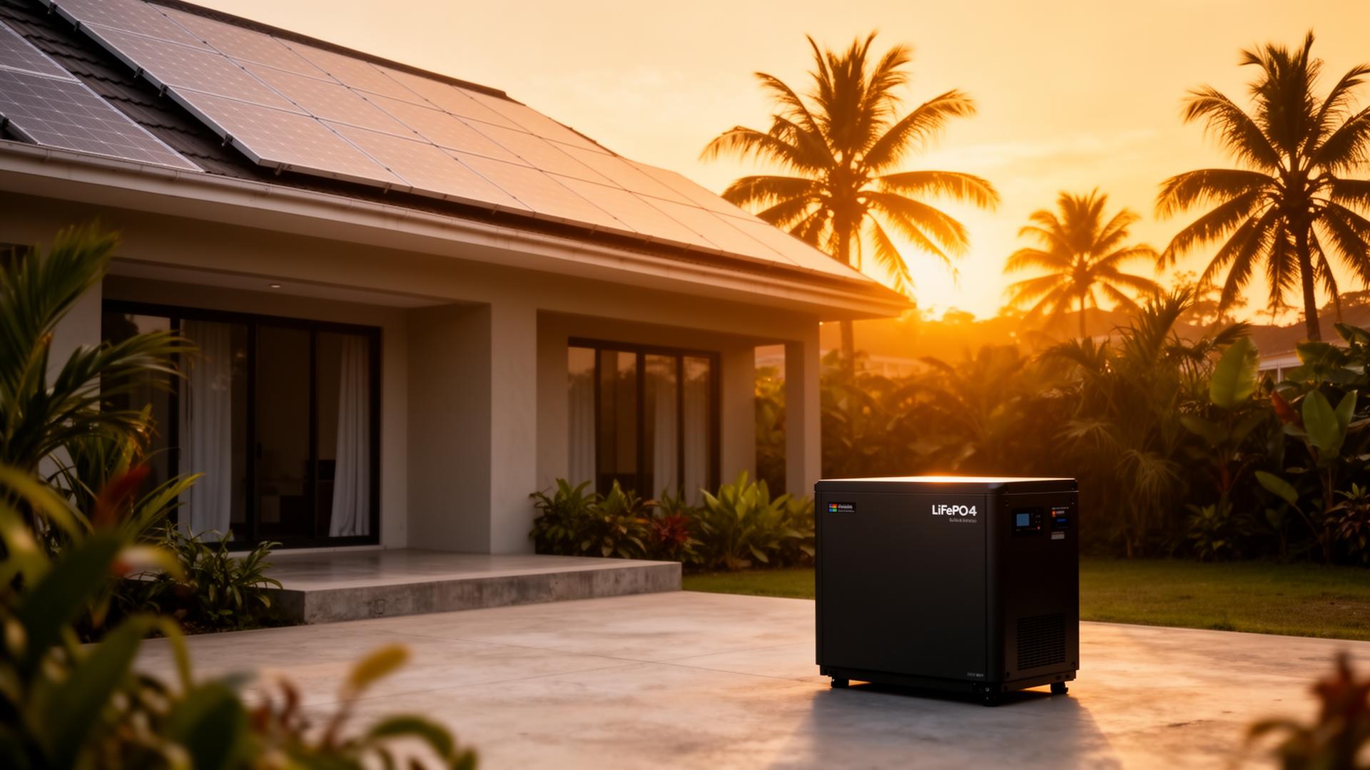 Ghanaian home with solar panels and Gesung LiFePO4 storage unit at golden hour